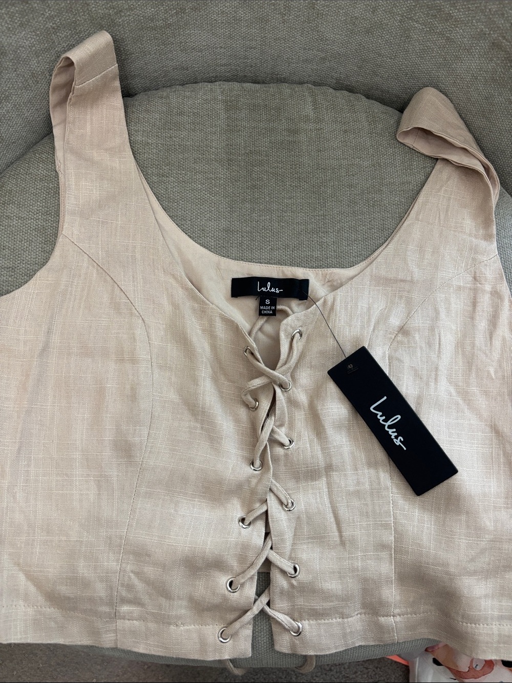 Lulus Lace-Up Linen Crop Top in Light Beige